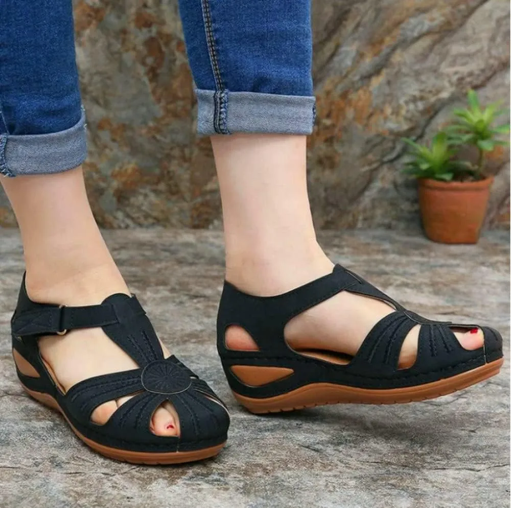 Women Floral Splicing Wedges - Made from PU & Rubber - Features Comfortable Round Toe & Adjustable Hook & Loop Closure - Beach Summer Casual Slippers for Women, Orange
