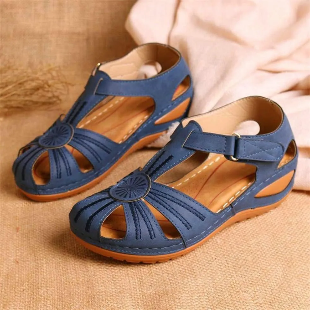 Women Floral Splicing Wedges - Made from PU & Rubber - Features Comfortable Round Toe & Adjustable Hook & Loop Closure - Beach Summer Casual Slippers for Women, Orange