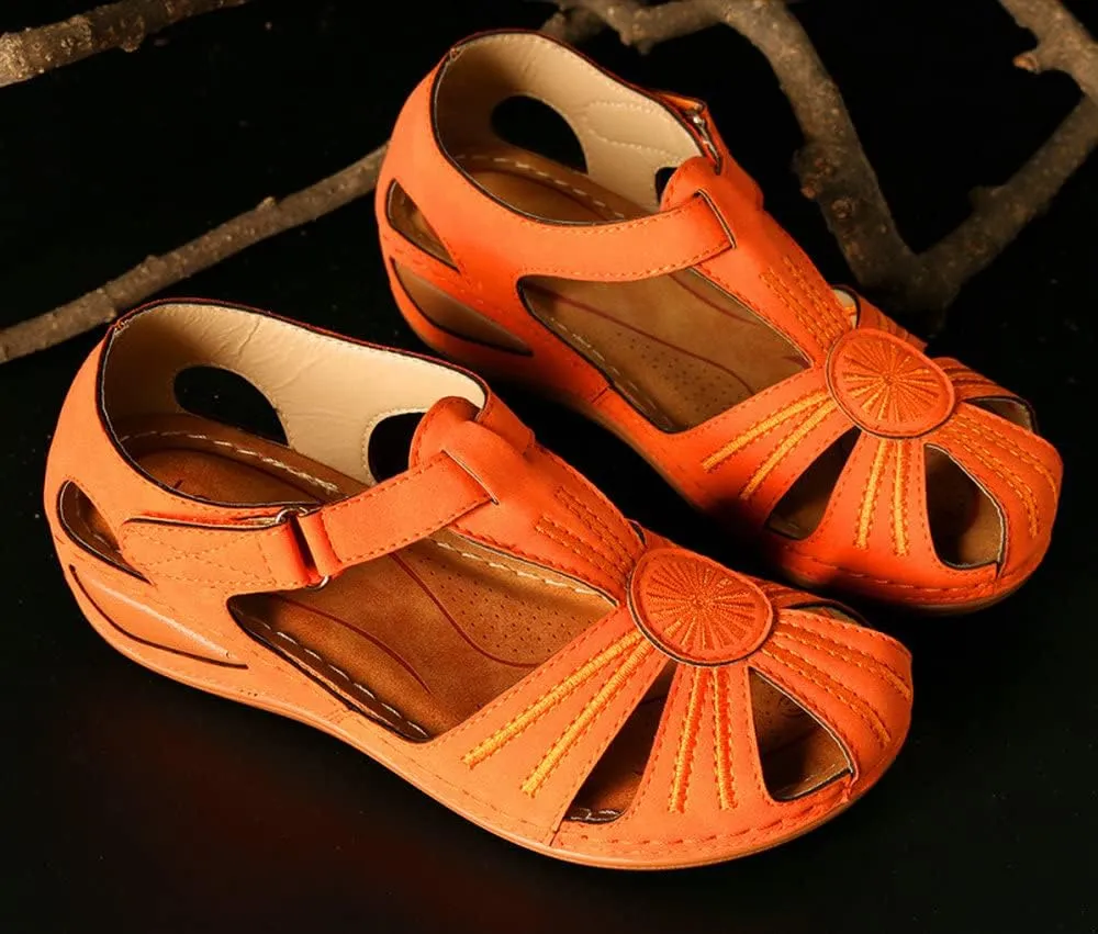 Women Floral Splicing Wedges - Made from PU & Rubber - Features Comfortable Round Toe & Adjustable Hook & Loop Closure - Beach Summer Casual Slippers for Women, Orange