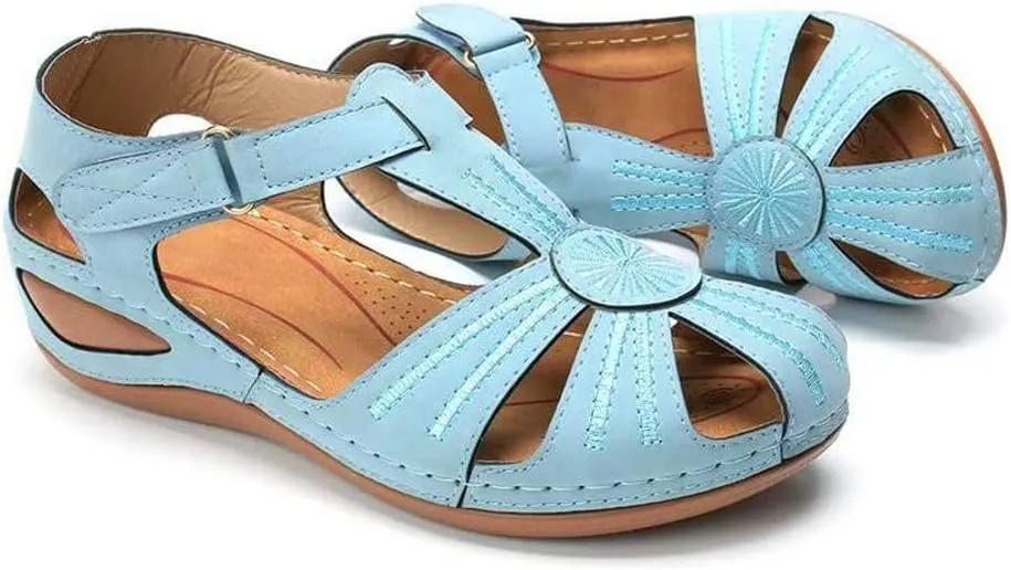 Women Floral Splicing Wedges - Made from PU & Rubber - Features Comfortable Round Toe & Adjustable Hook & Loop Closure - Beach Summer Casual Slippers for Women, Orange
