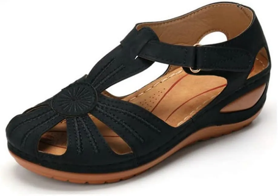 Women Floral Splicing Wedges - Made from PU & Rubber - Features Comfortable Round Toe & Adjustable Hook & Loop Closure - Beach Summer Casual Slippers for Women, Orange