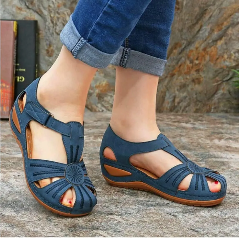 Women Floral Splicing Wedges - Made from PU & Rubber - Features Comfortable Round Toe & Adjustable Hook & Loop Closure - Beach Summer Casual Slippers for Women, Orange