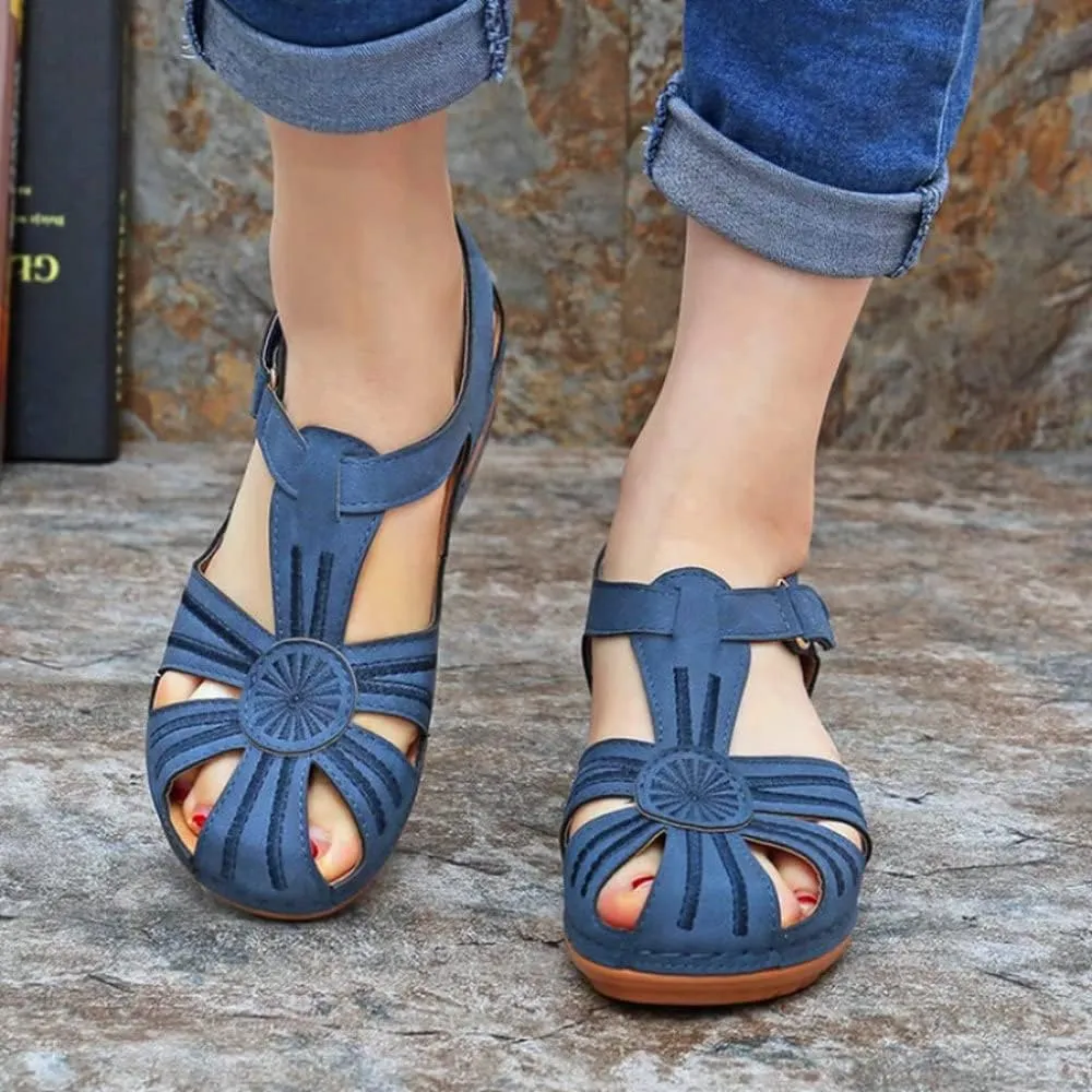 Women Floral Splicing Wedges - Made from PU & Rubber - Features Comfortable Round Toe & Adjustable Hook & Loop Closure - Beach Summer Casual Slippers for Women, Orange