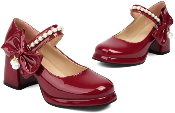 Women Platform Bow Mary Jane Pumps Shoes Chunky High Heels with Pearls