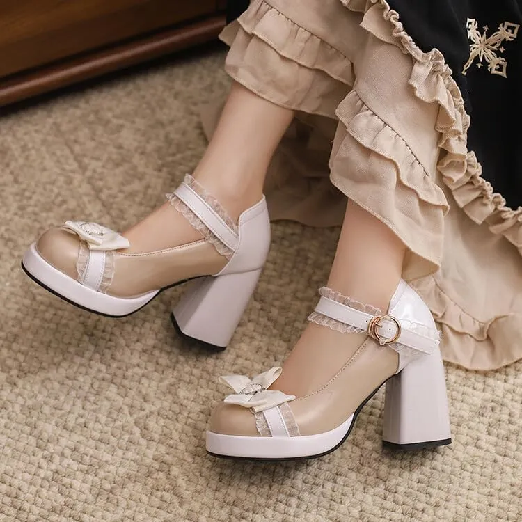 Women Platform Lolita Bow Mary Jane Pumps Shoes Chunky High Heels with Lace