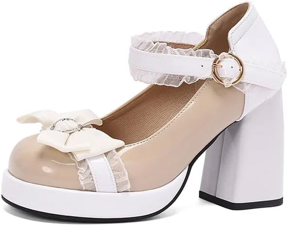 Women Platform Lolita Bow Mary Jane Pumps Shoes Chunky High Heels with Lace