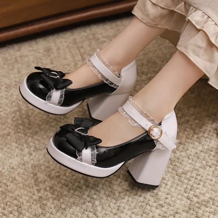 Women Platform Lolita Bow Mary Jane Pumps Shoes Chunky High Heels with Lace
