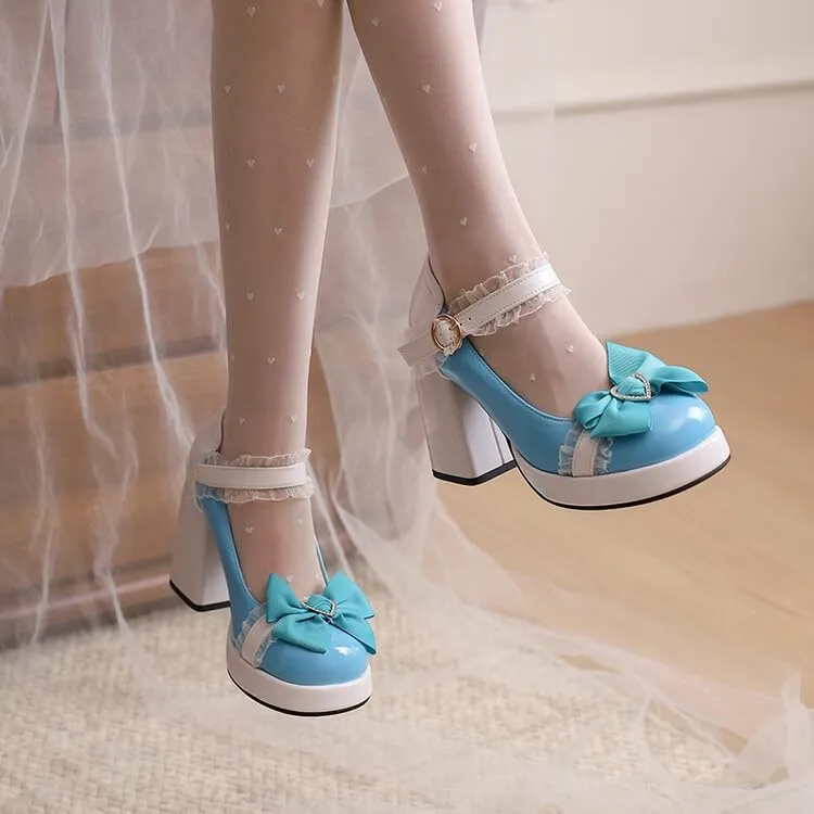 Women Platform Lolita Bow Mary Jane Pumps Shoes Chunky High Heels with Lace