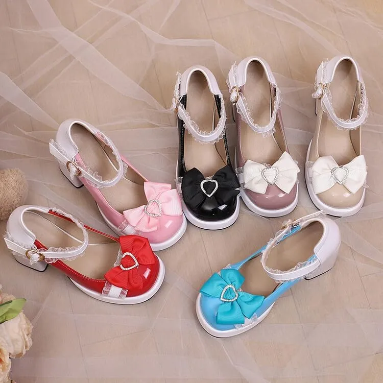 Women Platform Lolita Bow Mary Jane Pumps Shoes Chunky High Heels with Lace