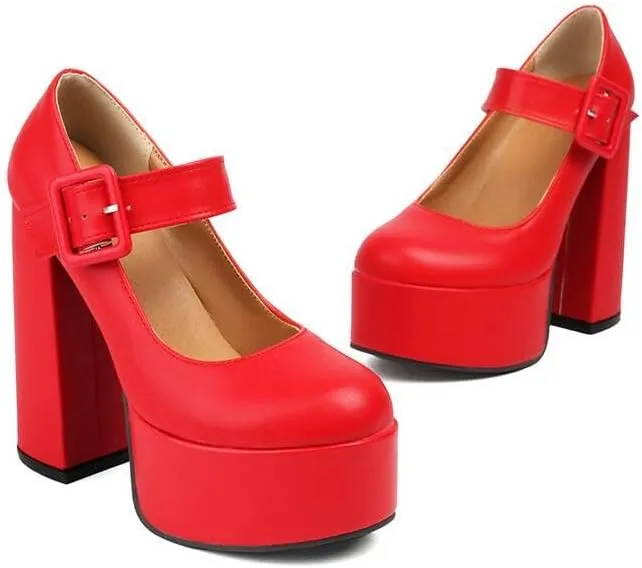 Women Platform Mary Jane Pumps Round Toe Chunky High Heels with Belt Buckles