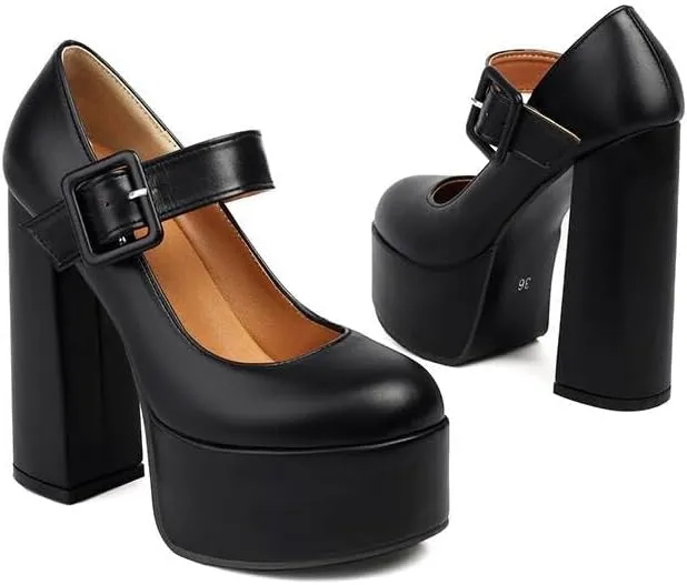 Women Platform Mary Jane Pumps Round Toe Chunky High Heels with Belt Buckles