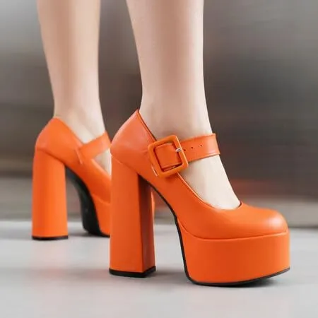 Women Platform Mary Jane Pumps Round Toe Chunky High Heels with Belt Buckles