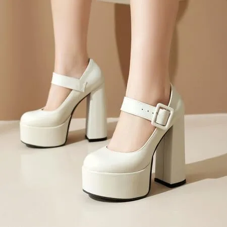 Women Platform Mary Jane Pumps Round Toe Chunky High Heels with Belt Buckles