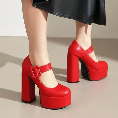 Women Platform Mary Jane Pumps Round Toe Chunky High Heels with Belt Buckles