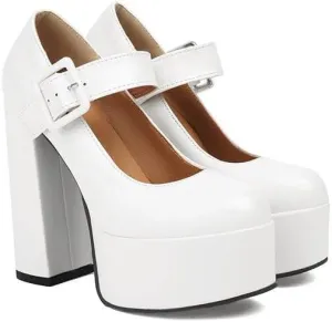 Women Platform Mary Jane Pumps Round Toe Chunky High Heels with Belt Buckles
