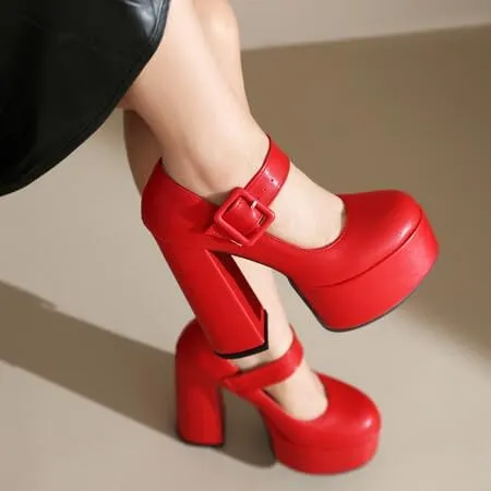 Women Platform Mary Jane Pumps Round Toe Chunky High Heels with Belt Buckles