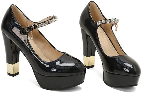 Women Platform Mary Jane Pumps Shoes Pointed Toe Chunky High Heels with Rhinestones