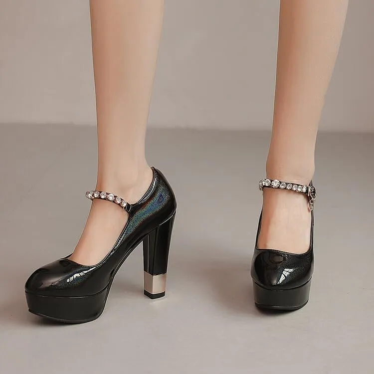 Women Platform Mary Jane Pumps Shoes Pointed Toe Chunky High Heels with Rhinestones