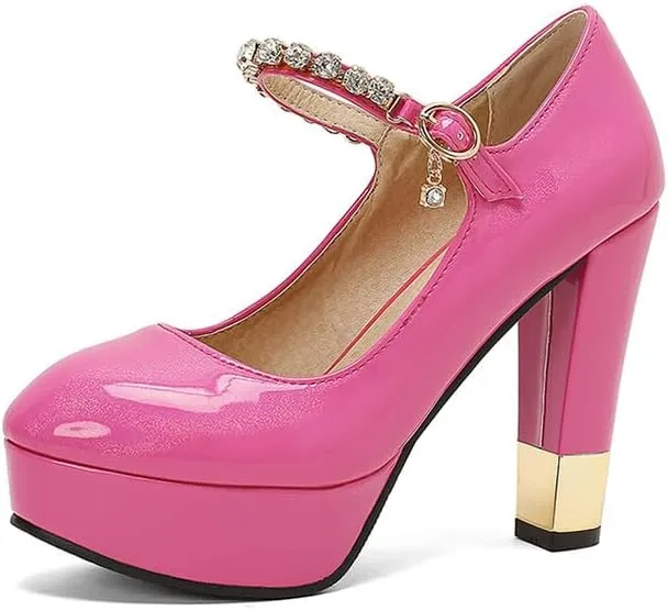Women Platform Mary Jane Pumps Shoes Pointed Toe Chunky High Heels with Rhinestones
