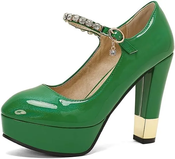 Women Platform Mary Jane Pumps Shoes Pointed Toe Chunky High Heels with Rhinestones