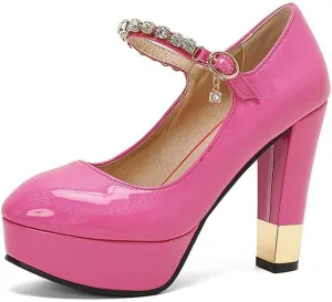 Women Platform Mary Jane Pumps Shoes Pointed Toe Chunky High Heels with Rhinestones
