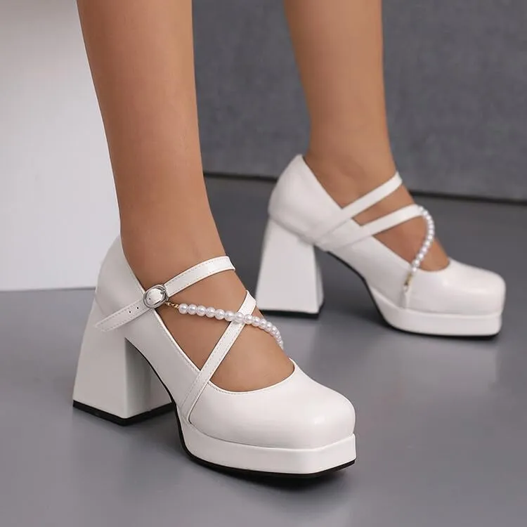 Women Platform Mary Jane Pumps Shoes Square Toe Chunky High Heels with Beads
