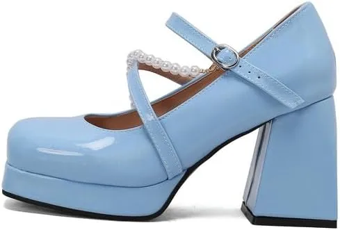 Women Platform Mary Jane Pumps Shoes Square Toe Chunky High Heels with Beads
