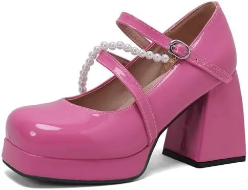 Women Platform Mary Jane Pumps Shoes Square Toe Chunky High Heels with Beads
