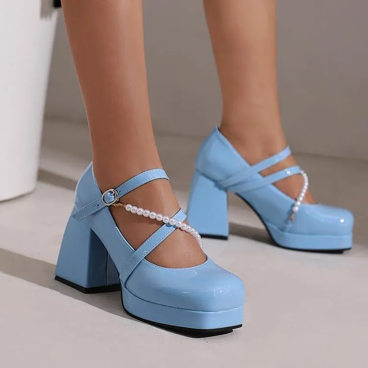 Women Platform Mary Jane Pumps Shoes Square Toe Chunky High Heels with Beads