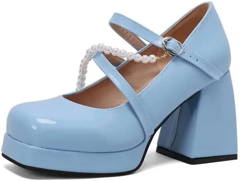 Women Platform Mary Jane Pumps Shoes Square Toe Chunky High Heels with Beads