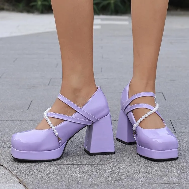 Women Platform Mary Jane Pumps Shoes Square Toe Chunky High Heels with Beads