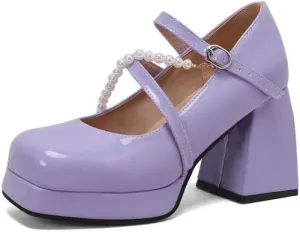 Women Platform Mary Jane Pumps Shoes Square Toe Chunky High Heels with Beads