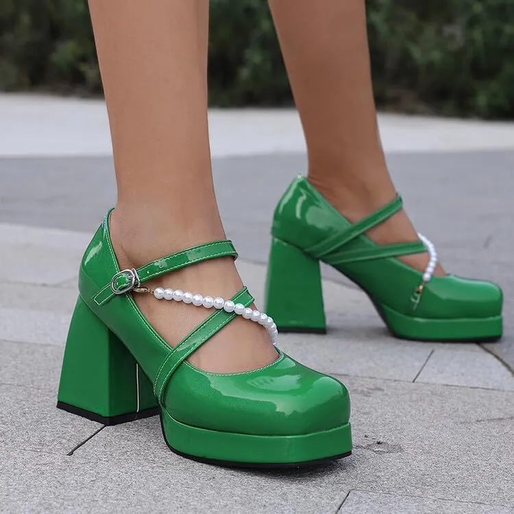 Women Platform Mary Jane Pumps Shoes Square Toe Chunky High Heels with Beads
