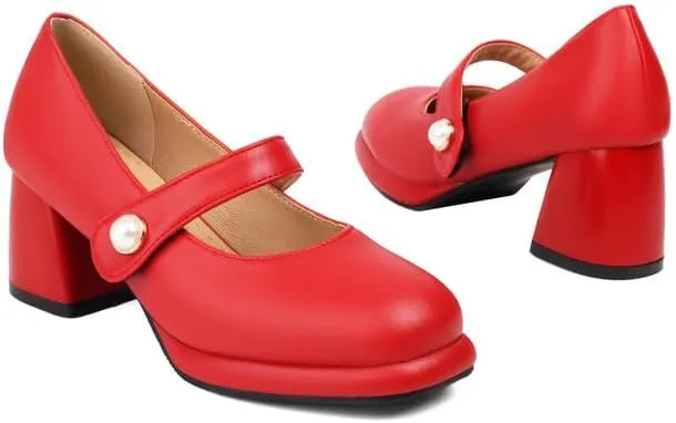 Women Platform Mary Jane Pumps Shoes Square Toe Chunky High Heels