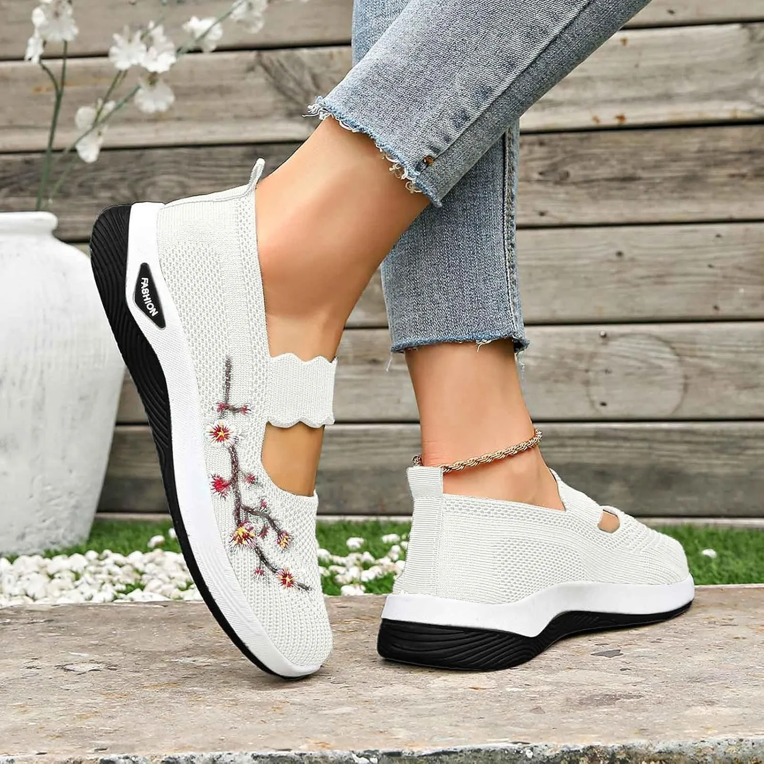 Women Woven Loafers Orthopedic Breathable Soft Shoes Slip On Walking Foam Anti Slip Arch Support Embroidery Sneakers