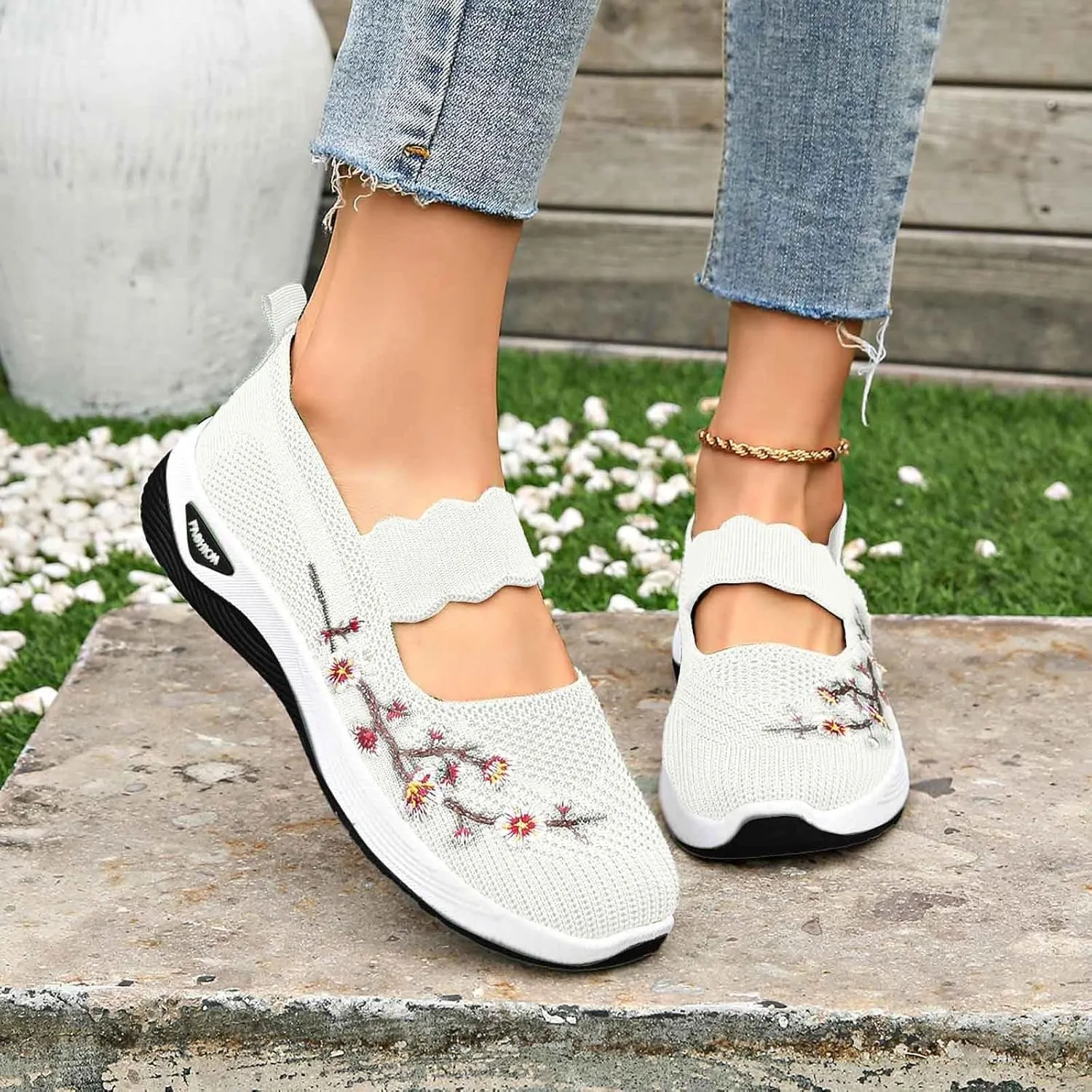 Women Woven Loafers Orthopedic Breathable Soft Shoes Slip On Walking Foam Anti Slip Arch Support Embroidery Sneakers