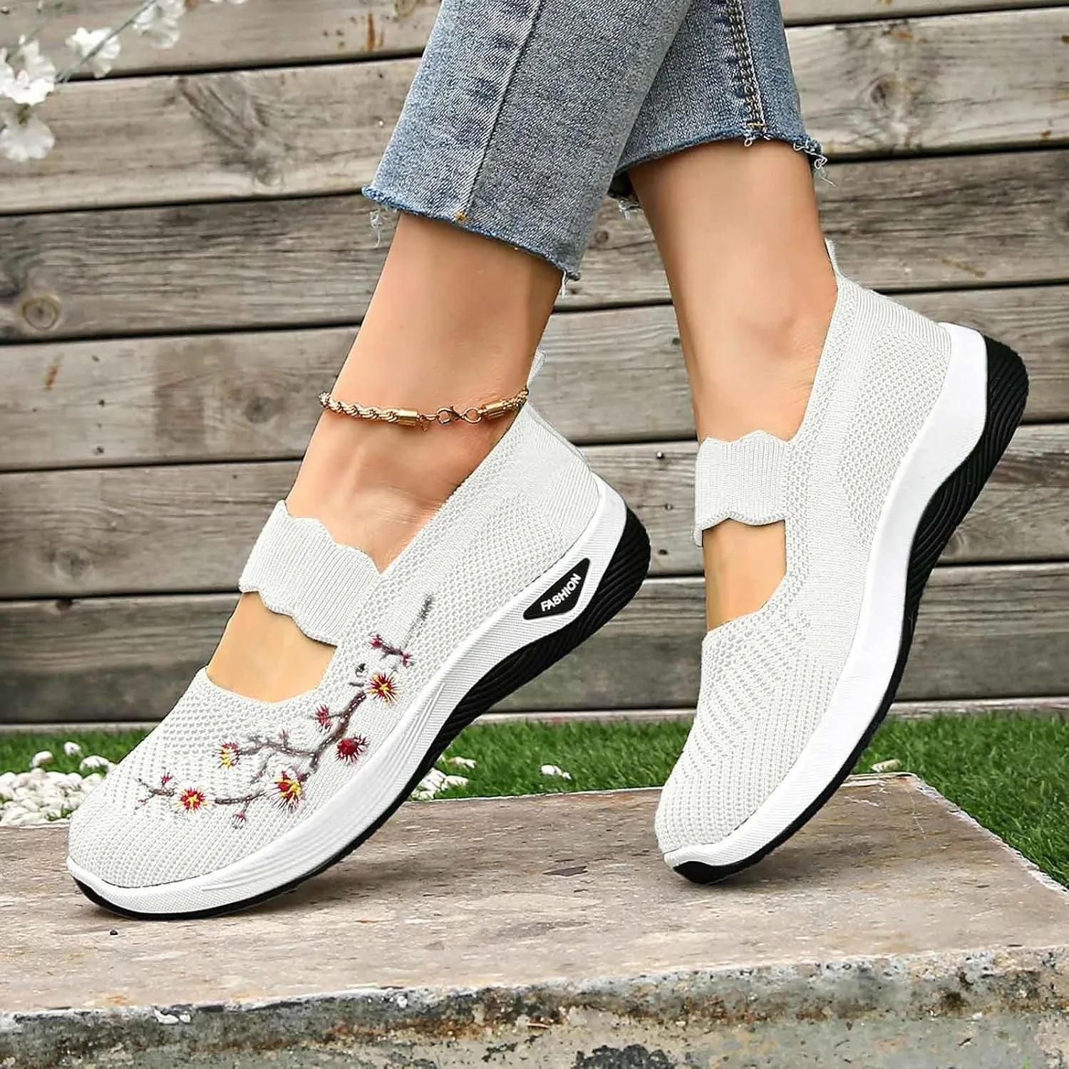 Women Woven Loafers Orthopedic Breathable Soft Shoes Slip On Walking Foam Anti Slip Arch Support Embroidery Sneakers