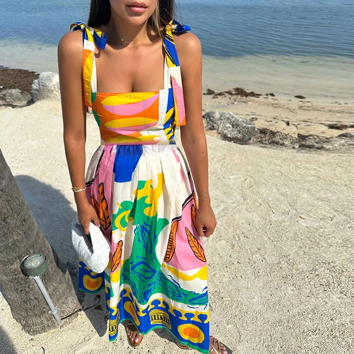 Women Y2k Summer Bohemia Dress Graffiti Square Neck Tie Shoulder Maxi Dress 2024 Causal Beach Flowy Sundress