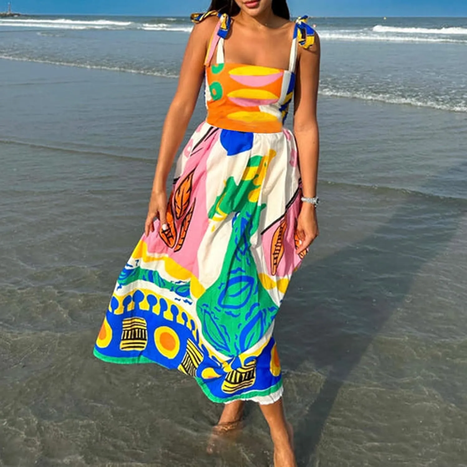 Women Y2k Summer Bohemia Dress Graffiti Square Neck Tie Shoulder Maxi Dress 2024 Causal Beach Flowy Sundress