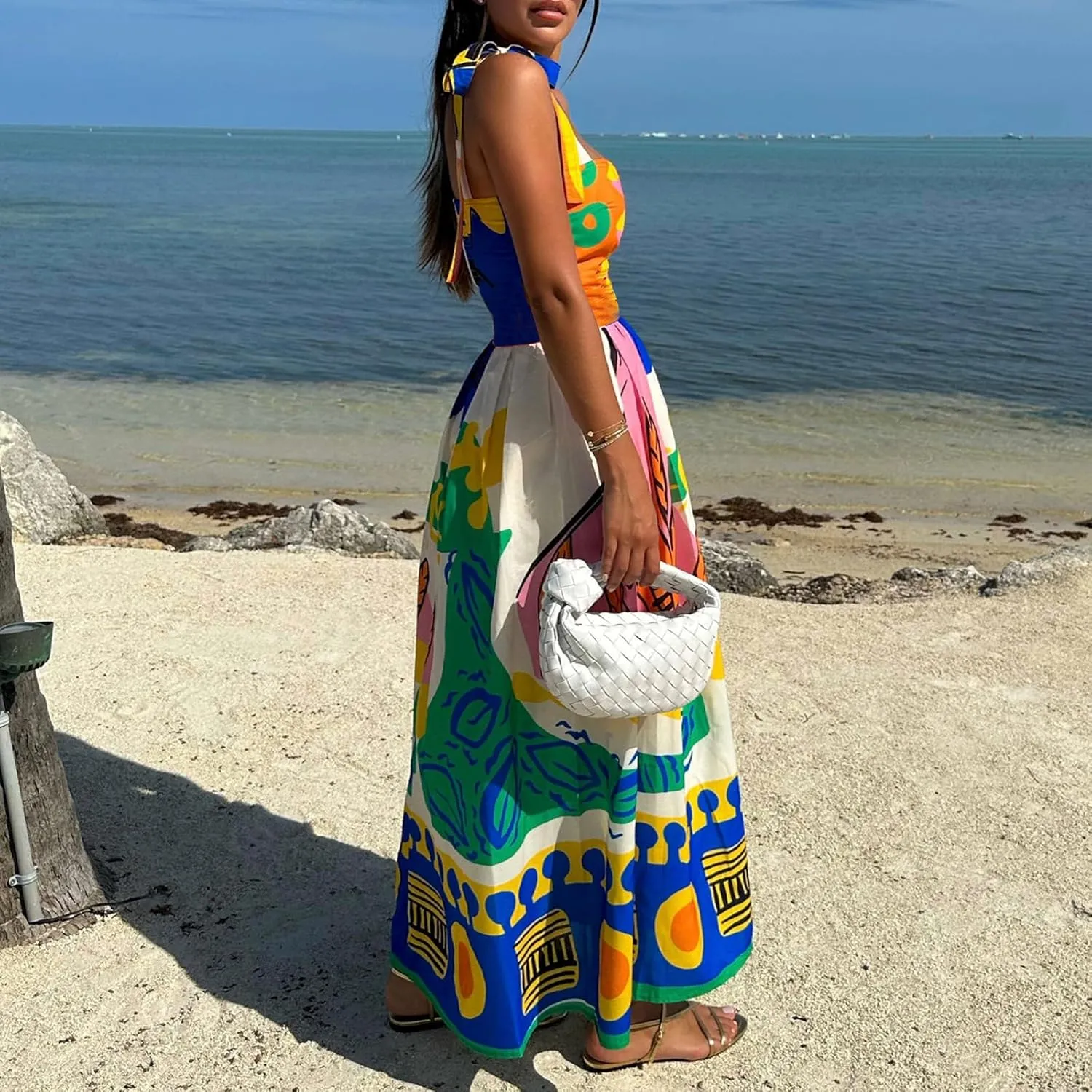 Women Y2k Summer Bohemia Dress Graffiti Square Neck Tie Shoulder Maxi Dress 2024 Causal Beach Flowy Sundress