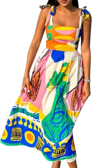 Women Y2k Summer Bohemia Dress Graffiti Square Neck Tie Shoulder Maxi Dress 2024 Causal Beach Flowy Sundress