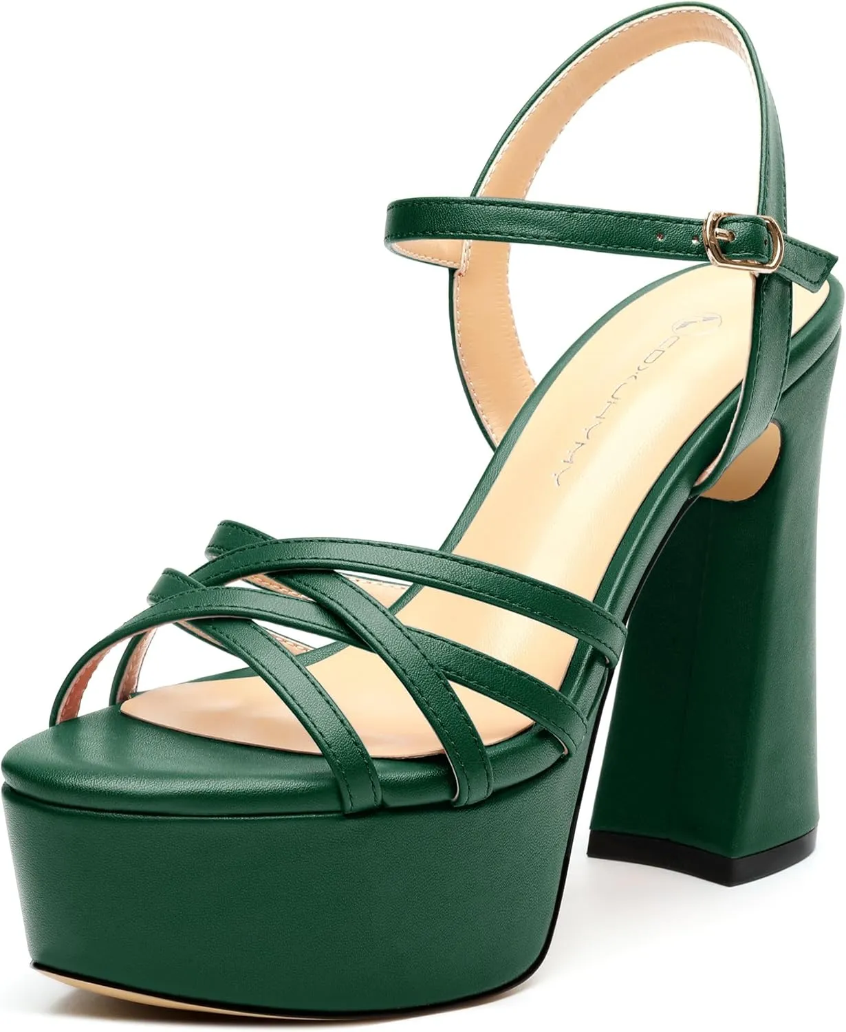 Womens Ankle Buckle Strap Round Open Toe Summer Slingback Block High Heel Platforms Sandals Heeled Wedding Party Prom Evening Dress Sandal Shoes 4.7"