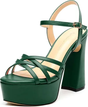 Womens Ankle Buckle Strap Round Open Toe Summer Slingback Block High Heel Platforms Sandals Heeled Wedding Party Prom Evening Dress Sandal Shoes 4.7"