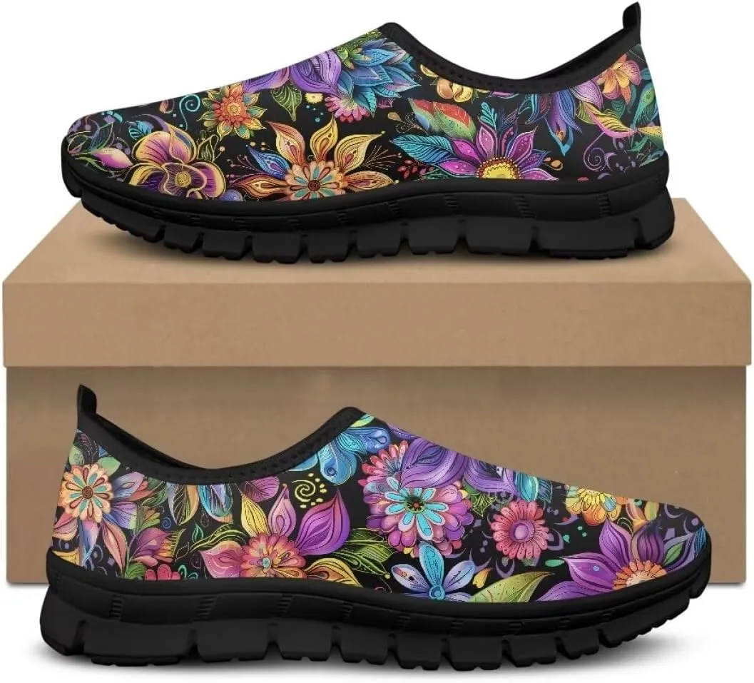 Womens Athletic Shoes Flowers Print Sports Shoes Slip-on Air Mesh Lightweight Sneakers Running Flats
