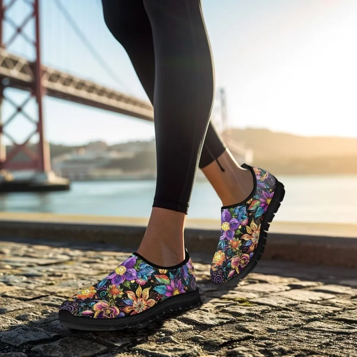Womens Athletic Shoes Flowers Print Sports Shoes Slip-on Air Mesh Lightweight Sneakers Running Flats