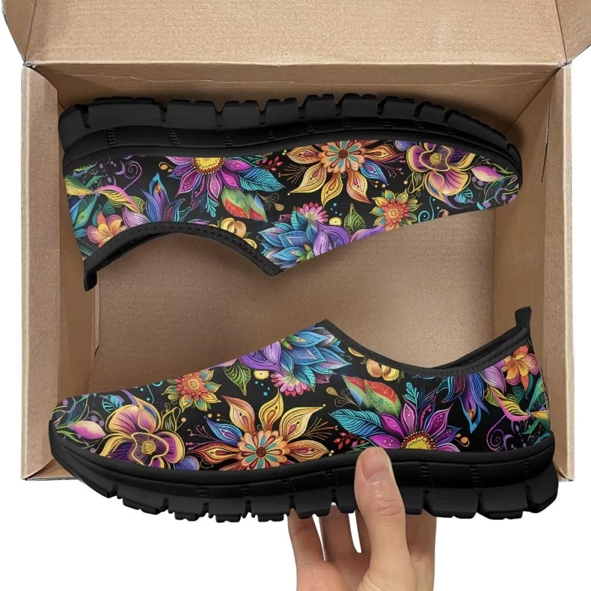 Womens Athletic Shoes Flowers Print Sports Shoes Slip-on Air Mesh Lightweight Sneakers Running Flats