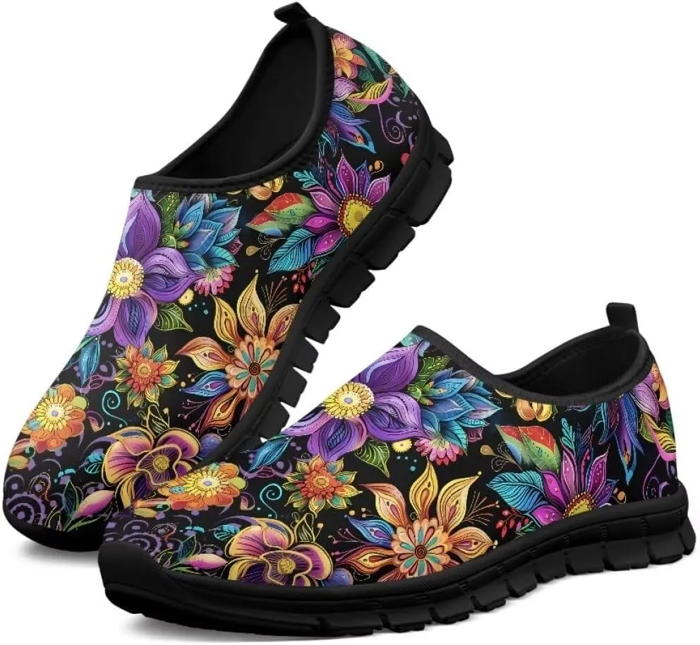 Womens Athletic Shoes Flowers Print Sports Shoes Slip-on Air Mesh Lightweight Sneakers Running Flats