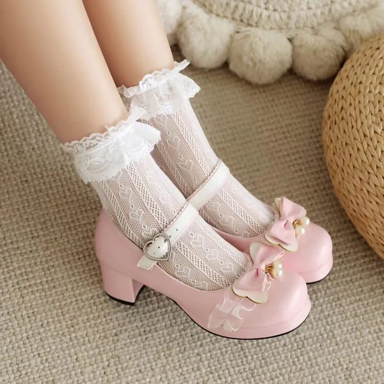 Women's Bow Pearl Chunky Heel Platform Pumps High Heels Mary Jane Lolita Shoes