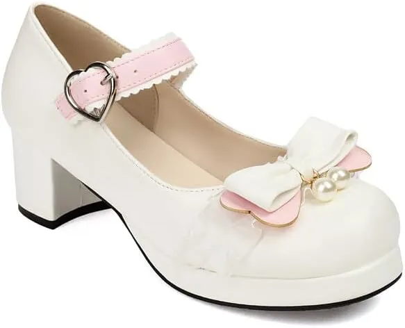 Women's Bow Pearl Chunky Heel Platform Pumps High Heels Mary Jane Lolita Shoes