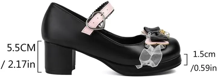 Women's Bow Pearl Chunky Heel Platform Pumps High Heels Mary Jane Lolita Shoes